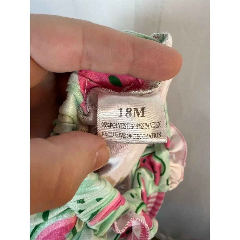 Baby Girl Watermelon Print Romper Dress Pink Gingham Ruffles Tie Straps